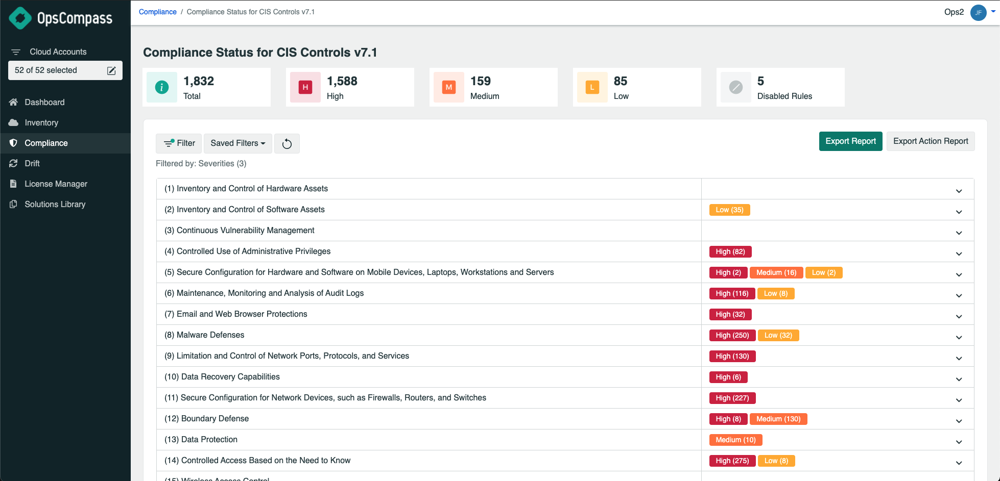 CIS compliance list view on OpsCompass dashboard