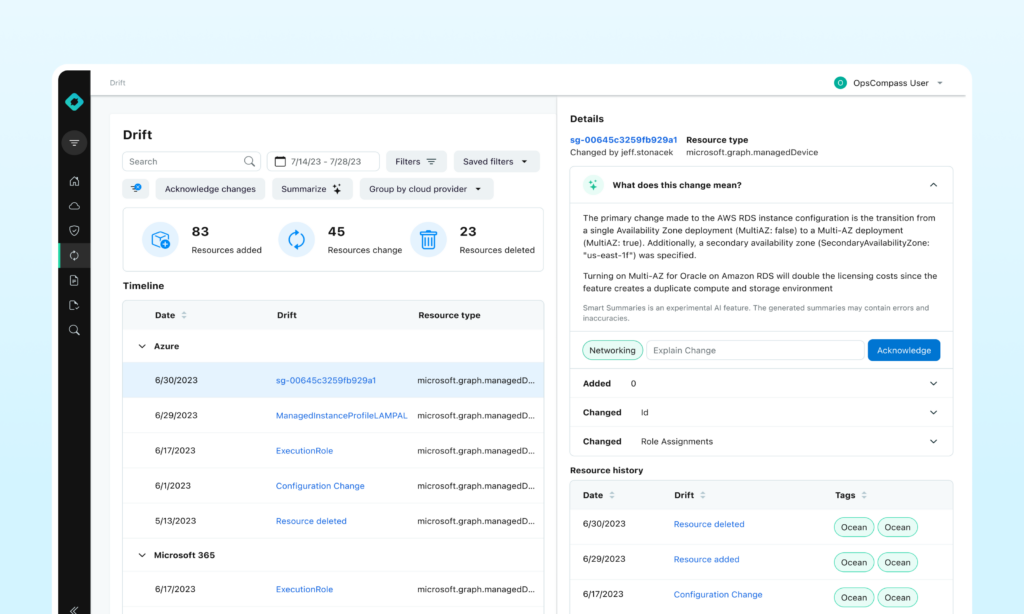 a webpage with filter controls, a summary of changes added, deleted, or simply changed. A table lists all of the changes in chronological order. A flyout lists the change details on the right side of the page.