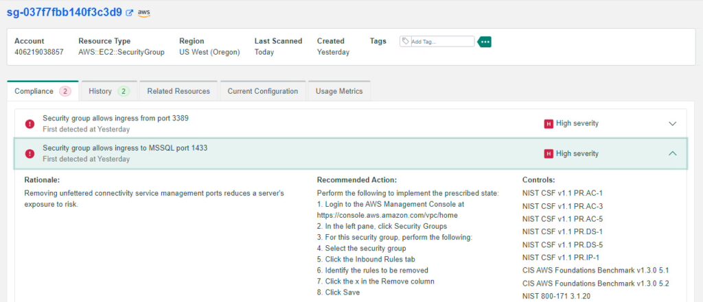 Product screen showing Security Group allows ingress to MSSQL port 1433