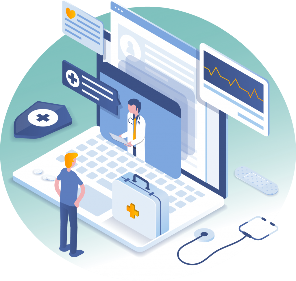 healthcare cybersecurity graphic with charts, shields and medical equipment