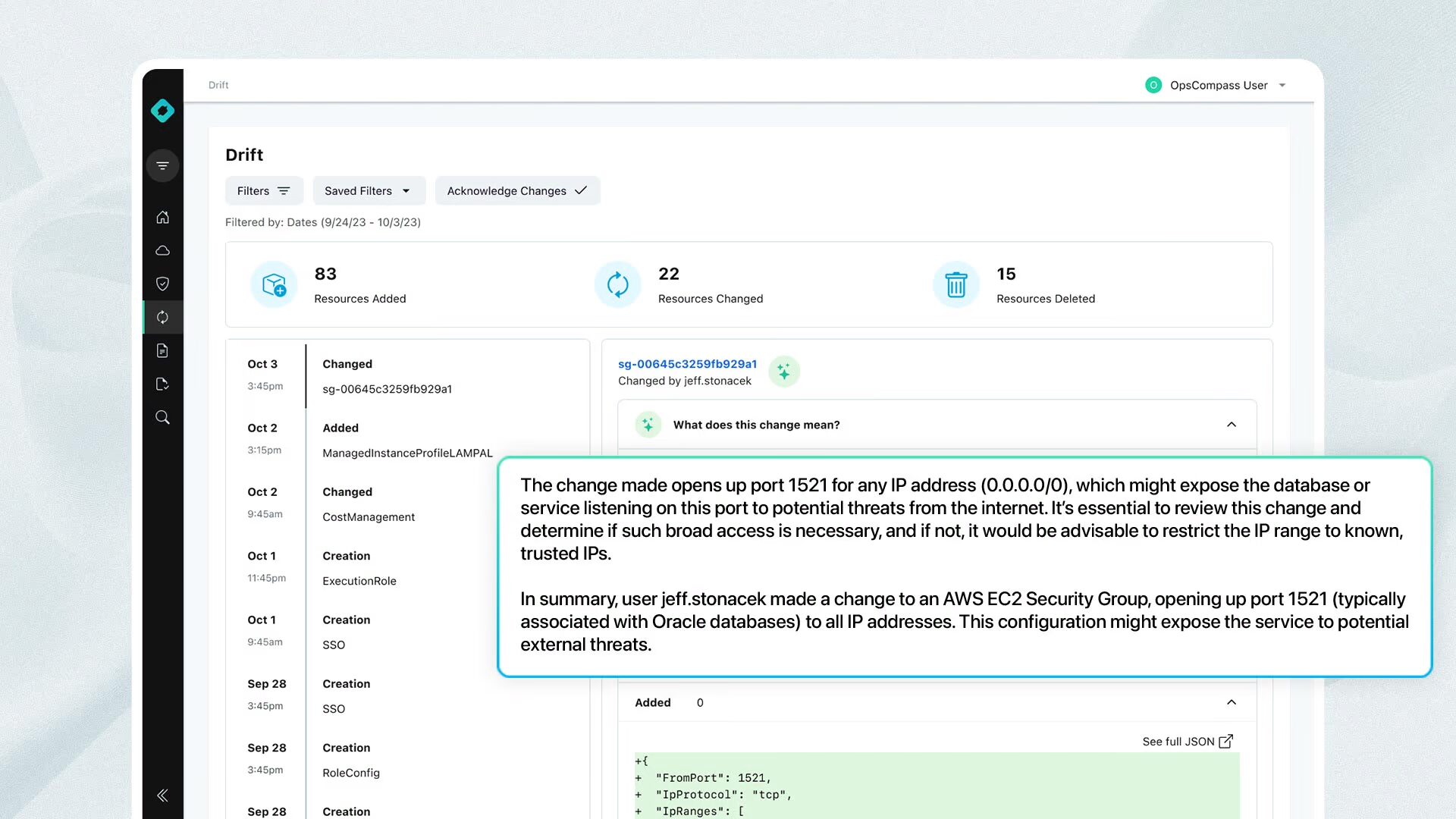 Opscompass dashboard showing AI features